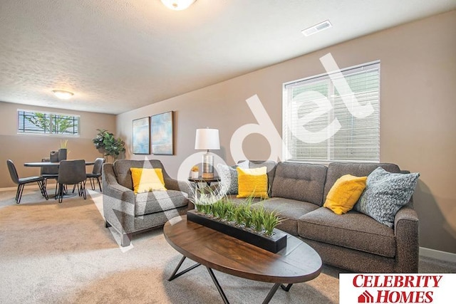 carpeted living room with a textured ceiling