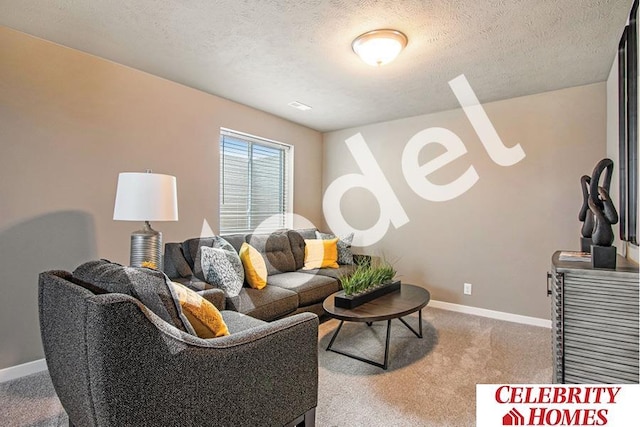 living room with a textured ceiling and carpet floors