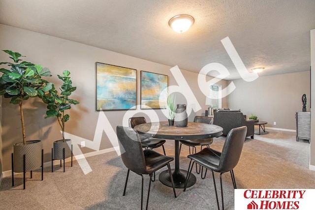 carpeted dining area with a textured ceiling