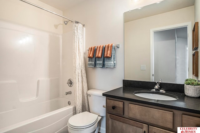 full bathroom featuring shower / bathtub combination with curtain, toilet, and vanity