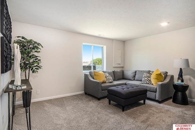 living room featuring a textured ceiling and carpet flooring