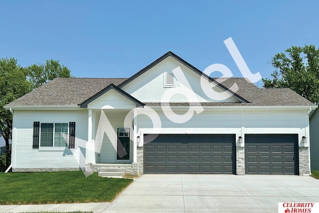 view of front of property with stone siding, concrete driveway, a front yard, and a garage