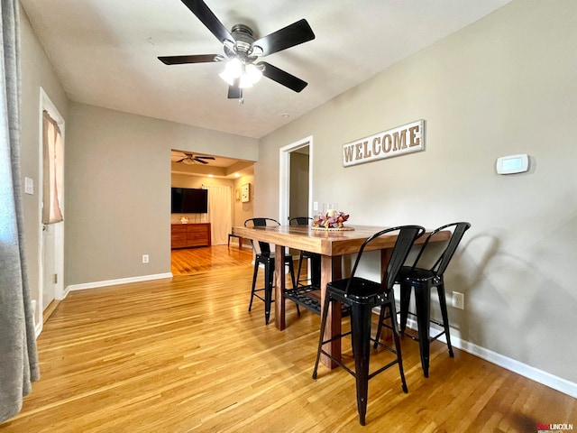 dining room featuring ceiling fan and light hardwood / wood-style flooring