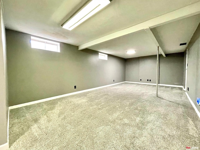 basement featuring carpet flooring