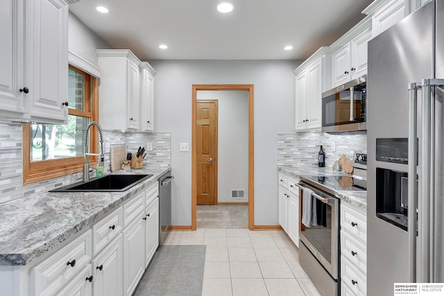 kitchen featuring tasteful backsplash, sink, stainless steel appliances, and white cabinets