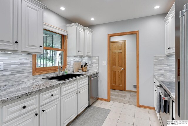 kitchen featuring backsplash, stainless steel dishwasher, sink, and white cabinets