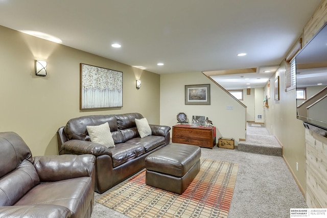 living room with light colored carpet