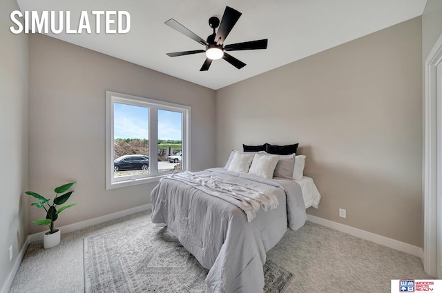 bedroom with ceiling fan and light colored carpet