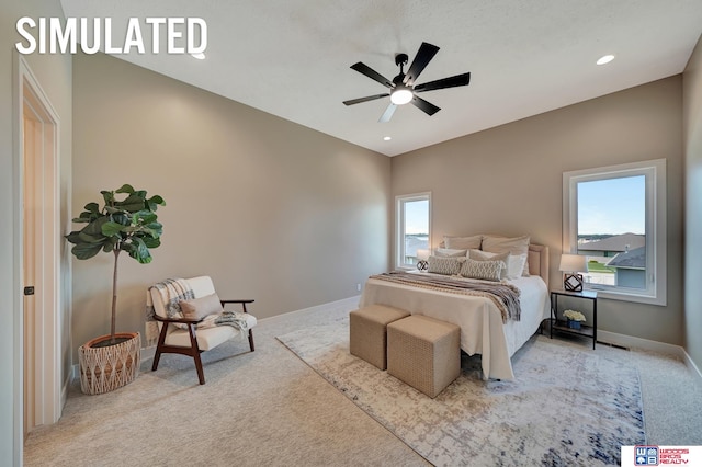 bedroom featuring light colored carpet and ceiling fan