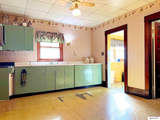 kitchen featuring sink, a paneled ceiling, ceiling fan, and green cabinets