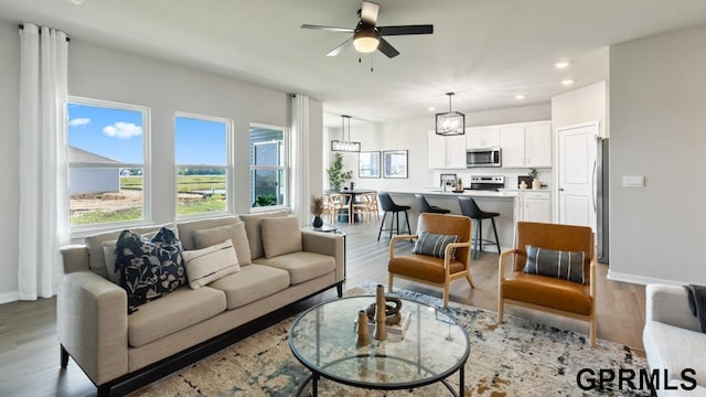 living room featuring ceiling fan with notable chandelier and light hardwood / wood-style floors