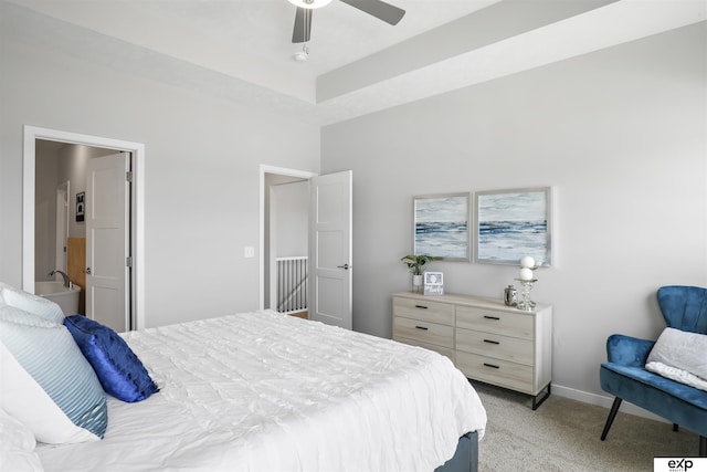 bedroom with light colored carpet, baseboards, and ceiling fan