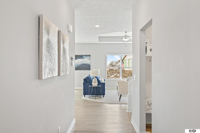 hallway featuring light wood-type flooring and a textured ceiling