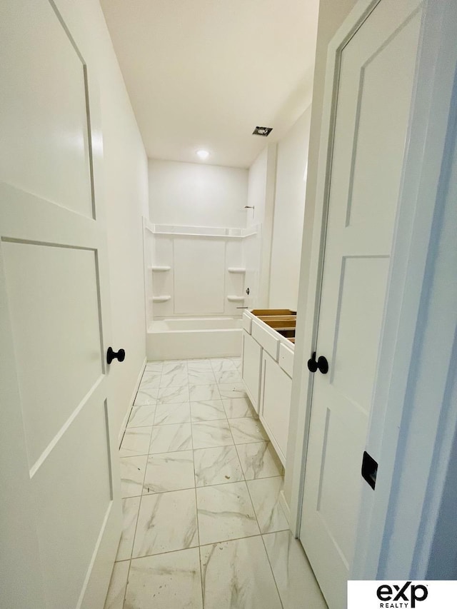 full bathroom with shower / washtub combination, vanity, recessed lighting, and marble finish floor