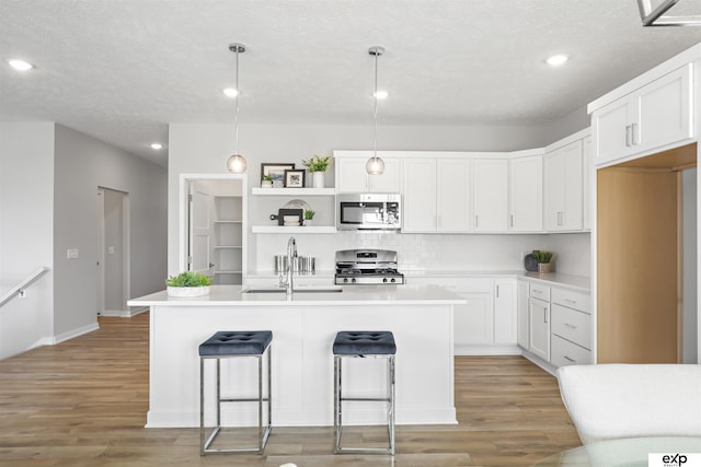 kitchen with open shelves, a kitchen island with sink, a sink, light wood finished floors, and stainless steel appliances