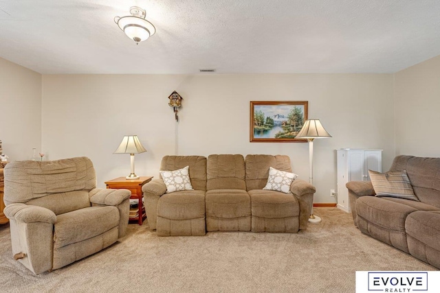 living room with a textured ceiling and light colored carpet