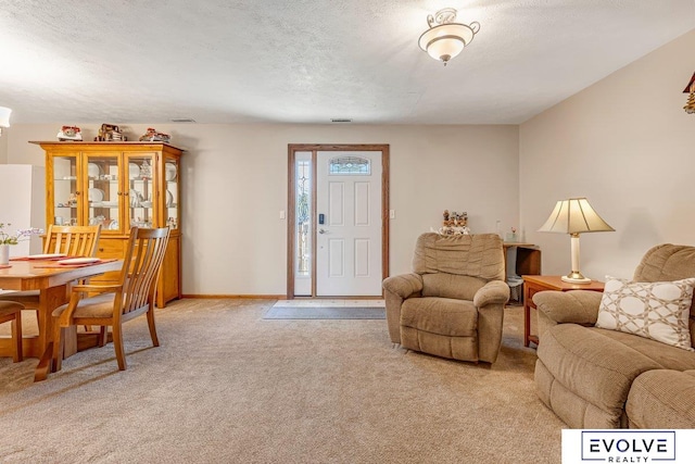 carpeted living room with a textured ceiling