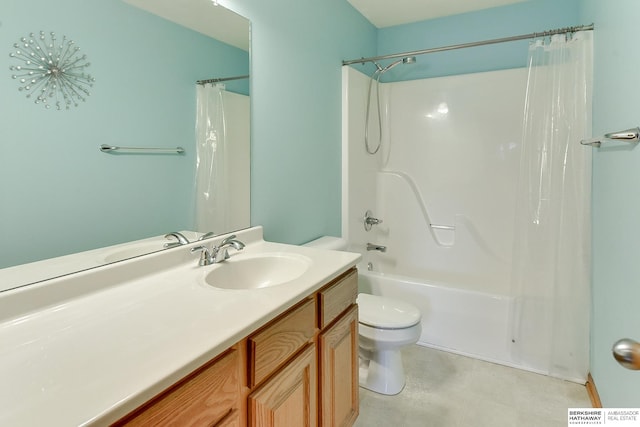 full bathroom with shower / bath combo, vanity, and toilet