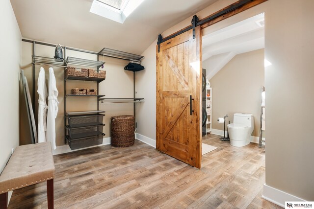 basement featuring hardwood / wood-style floors and a barn door