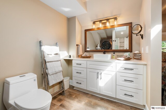 bathroom featuring wood-type flooring, washer / clothes dryer, vanity, and toilet