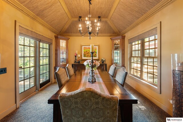 carpeted dining area with an inviting chandelier, crown molding, vaulted ceiling, and wooden ceiling