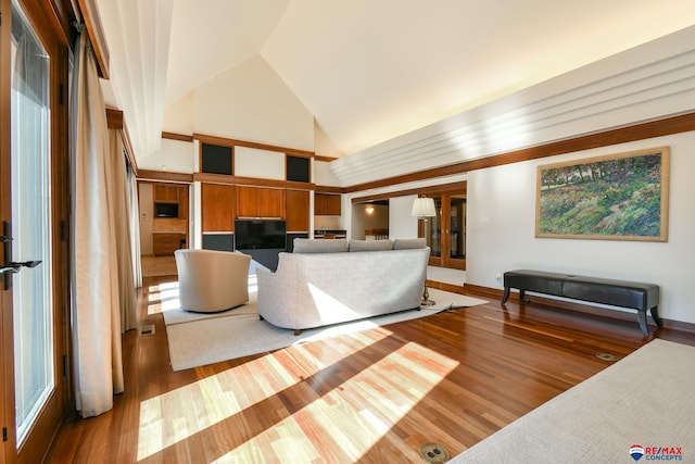 living room with hardwood / wood-style floors, high vaulted ceiling, and plenty of natural light