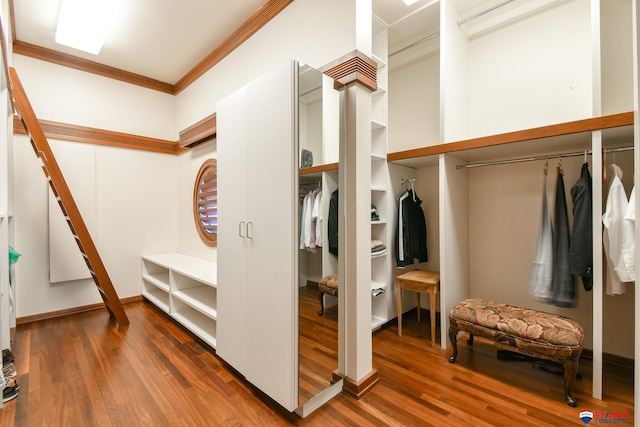 walk in closet with dark wood-type flooring