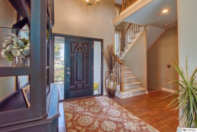 entryway with wood-type flooring and a high ceiling