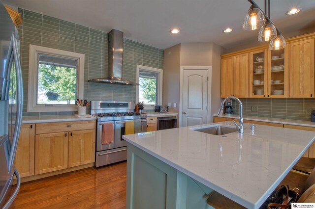 kitchen featuring light wood-type flooring, sink, wall chimney exhaust hood, appliances with stainless steel finishes, and light stone countertops