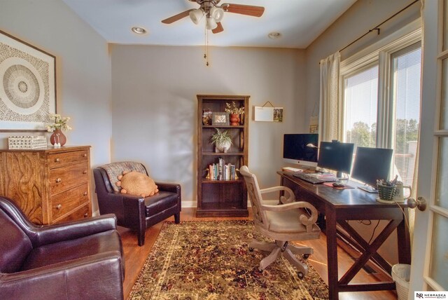 office space with ceiling fan and hardwood / wood-style floors