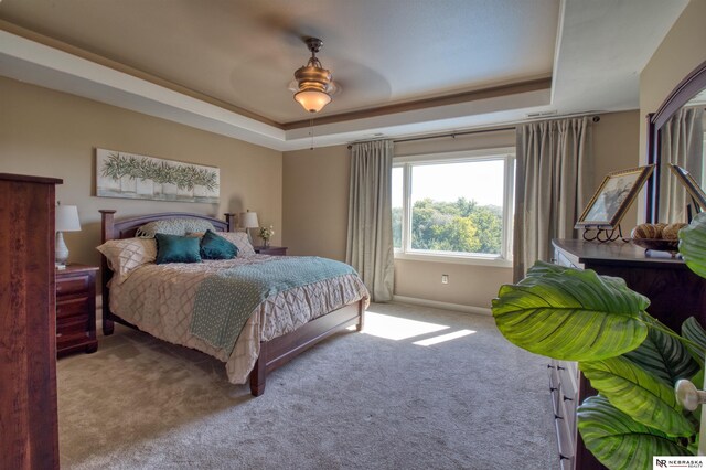 carpeted bedroom with a raised ceiling and ceiling fan