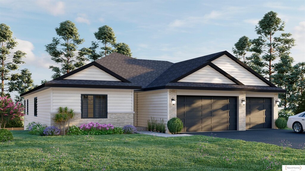 1325 Fairway Cir, Ashland, NE 68003 - view of front facade with a garage, aphalt driveway, stone siding, and a front lawn