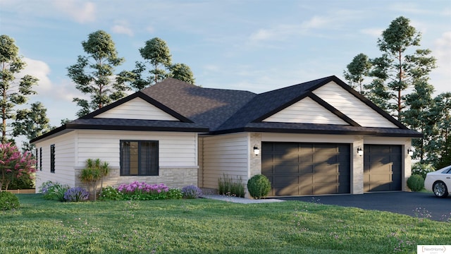 1325 Fairway Cir, Ashland, NE 68003 - view of front facade with a garage, aphalt driveway, stone siding, and a front lawn