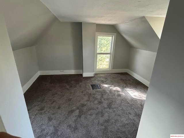 additional living space with dark carpet, vaulted ceiling, and a textured ceiling