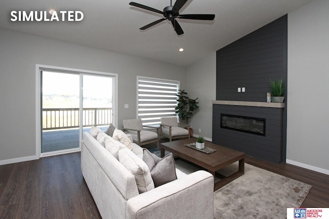 living room with ceiling fan, a large fireplace, lofted ceiling, and dark wood-type flooring