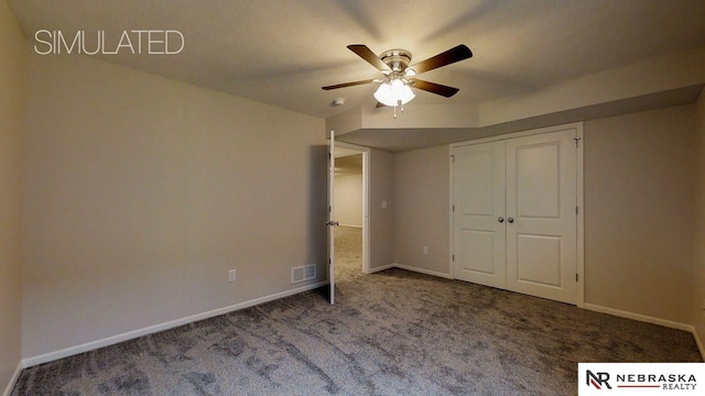 unfurnished bedroom with carpet and ceiling fan