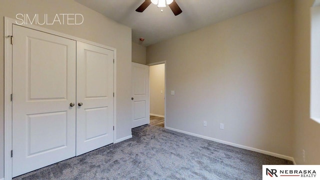 unfurnished bedroom featuring a closet, ceiling fan, and light colored carpet