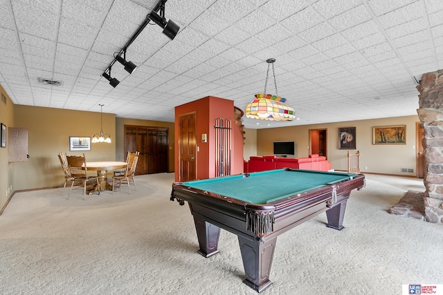 rec room featuring billiards and carpet flooring