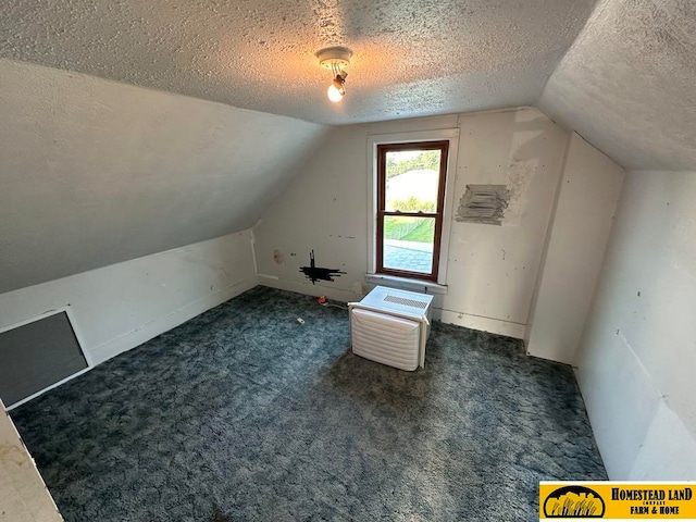 additional living space featuring a textured ceiling, vaulted ceiling, and dark carpet