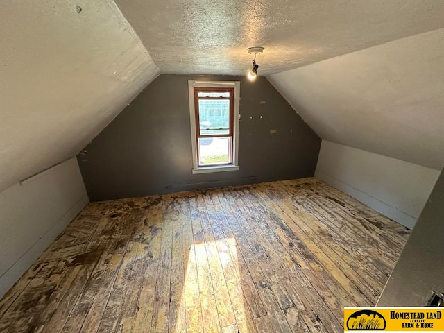 additional living space with a textured ceiling, vaulted ceiling, and hardwood / wood-style flooring