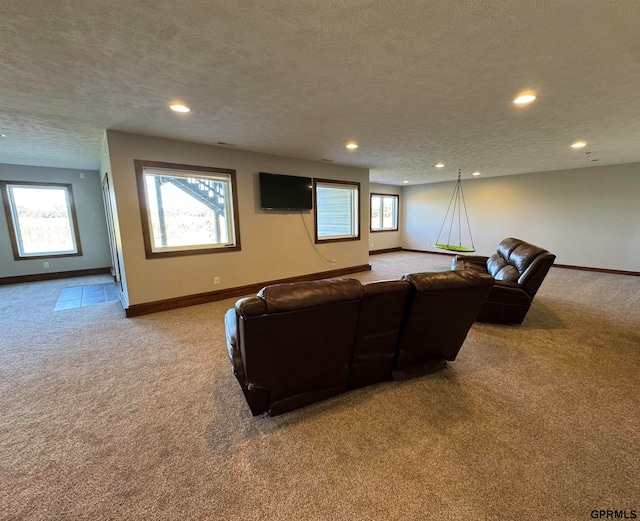 living room featuring a textured ceiling, carpet, and plenty of natural light