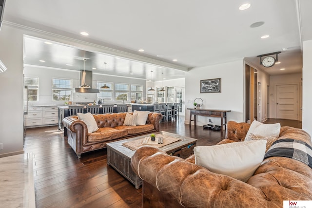 living room featuring ornamental molding and dark hardwood / wood-style flooring