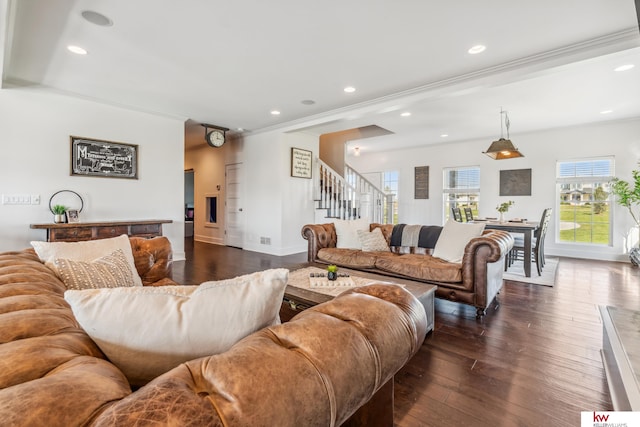 living room featuring ornamental molding and dark hardwood / wood-style flooring