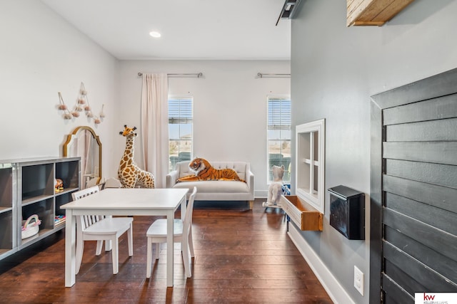 recreation room with dark hardwood / wood-style floors