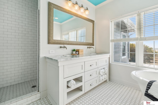 bathroom featuring vanity, crown molding, and plus walk in shower