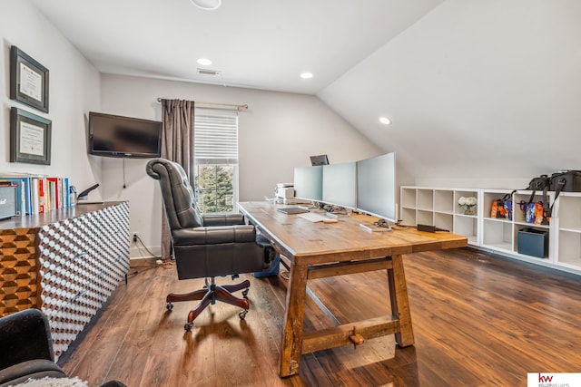 office with hardwood / wood-style floors and vaulted ceiling