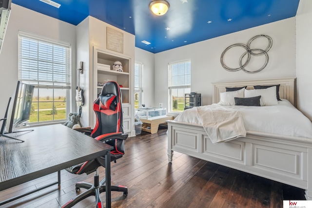 bedroom with multiple windows and dark wood-type flooring