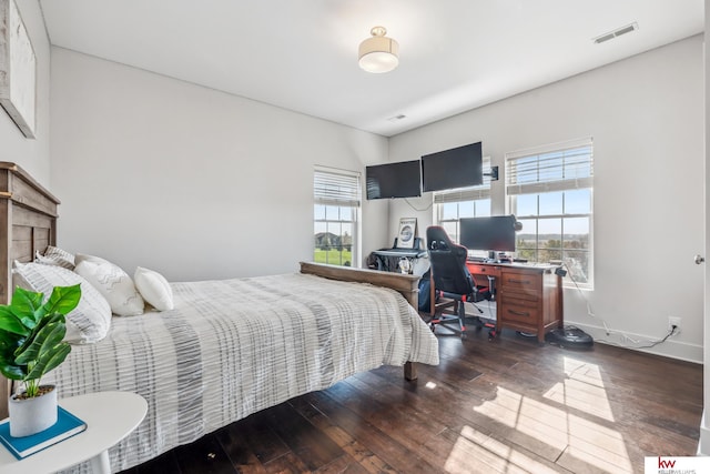 bedroom featuring multiple windows and dark hardwood / wood-style flooring