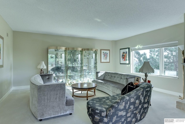 carpeted living room featuring a textured ceiling