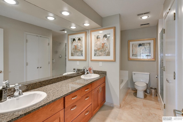 full bathroom featuring vanity, toilet, and plus walk in shower